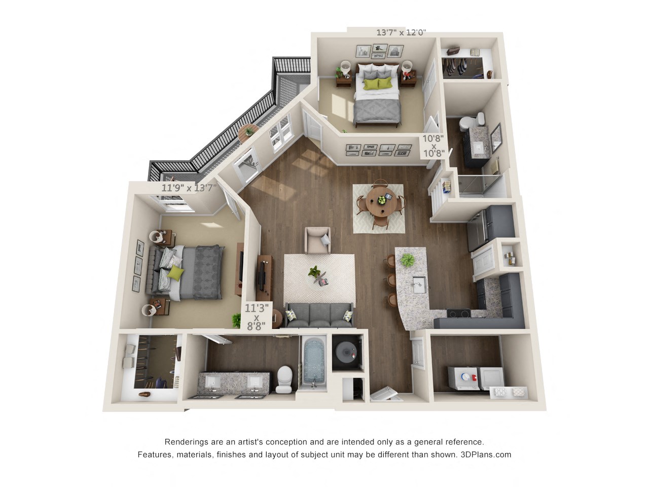 Floor plan for 2 beds, 2 baths, 1208 sqft